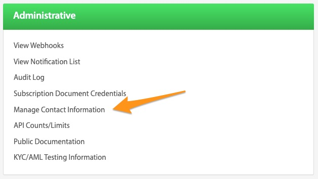 Administrative panel list with an arrow pointing to Manage Contact Information