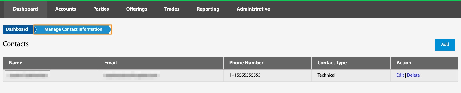 Manage Contact Information page showing the Contacts table