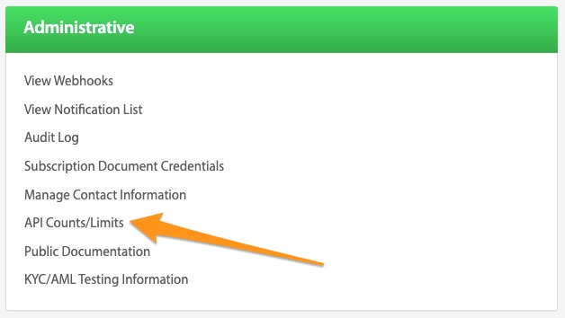 Administrative panel list with an arrow pointing to API Counts/Limits