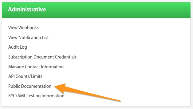 Administrative panel list with an arrow pointing to Public Documentation