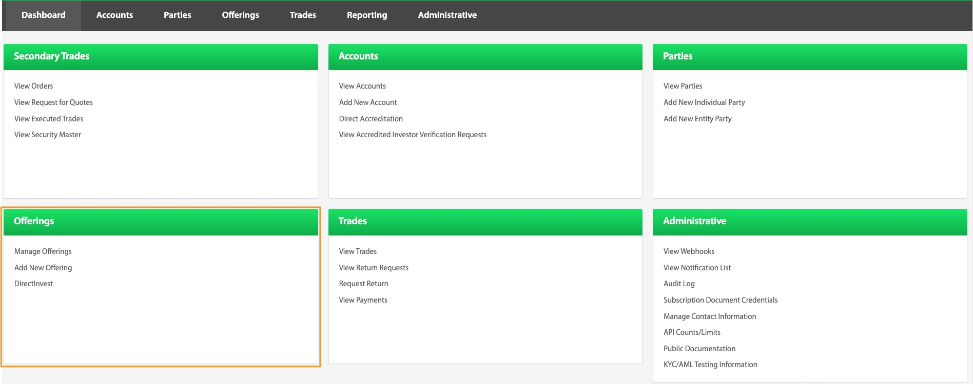 Transact Portal dashboard with cards for Secondary Trades, Accounts, Parties, Offerings, Trades, and Administrative