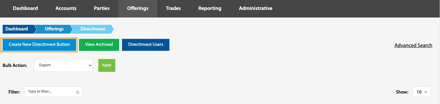 Create New DirectInvest Button highlighted on the DirectInvest page