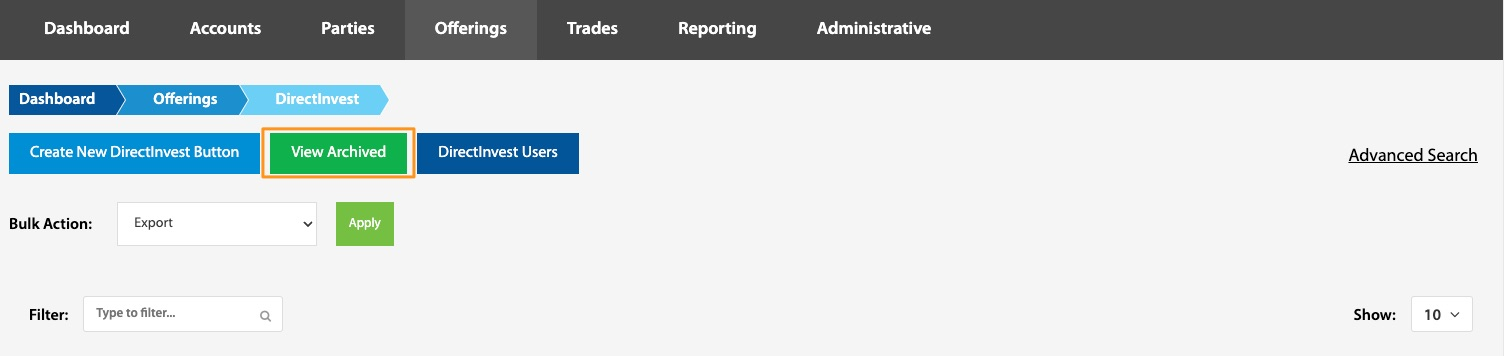 View Archived button highlighted on the DirectInvest page