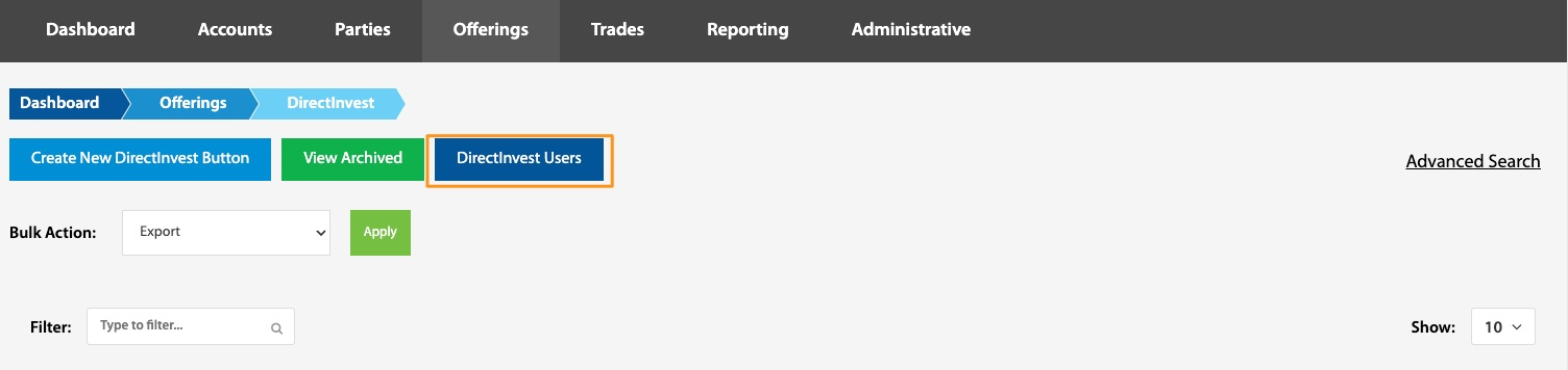 DirectInvest Users button highlighted on the DirectInvest page