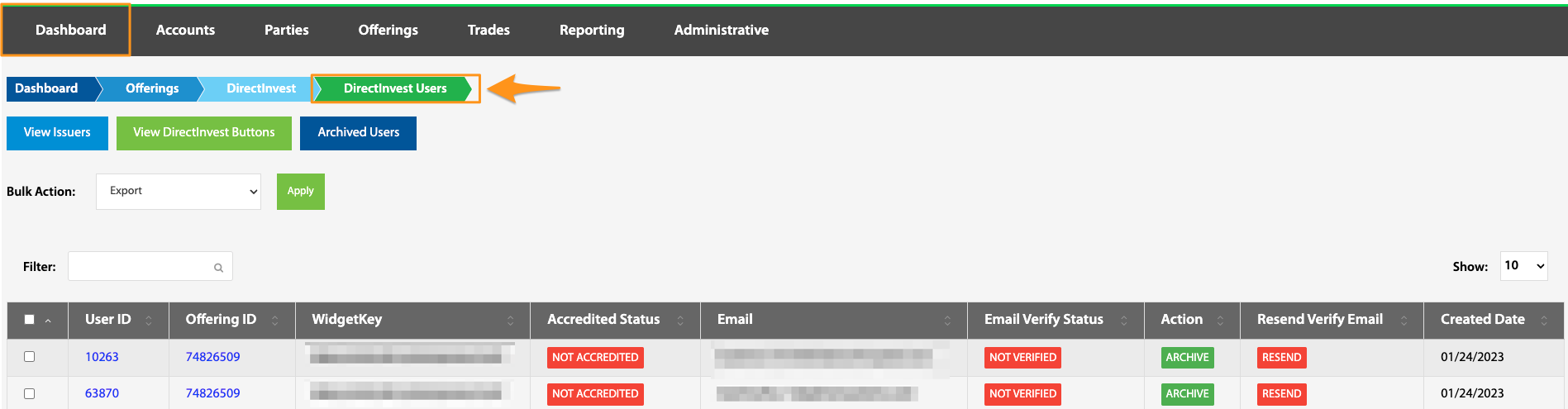 DirectInvest Users landing page listing user, offering, and status columns