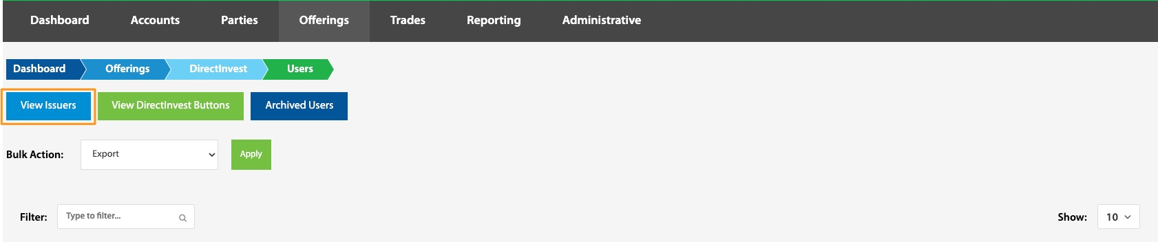 View Issuers button highlighted on the DirectInvest Users page