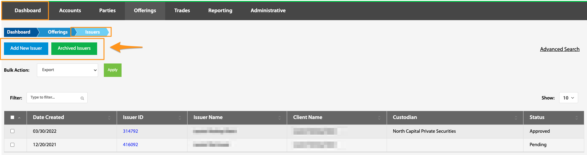 Issuers table with Add New Issuer and Archived Issuers buttons highlighted