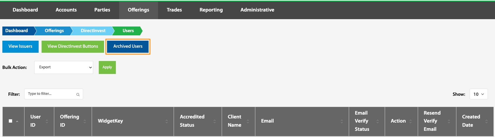 Archived Users button highlighted on the DirectInvest Users page