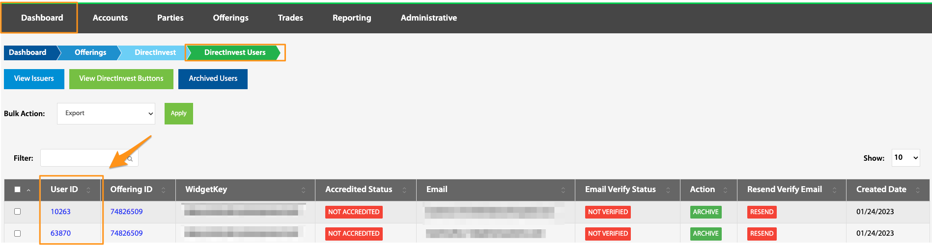 User ID column highlighted on the DirectInvest Users table