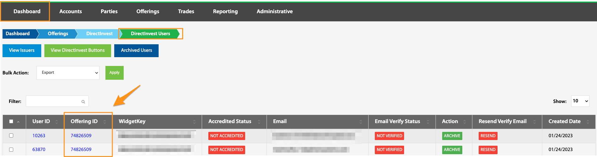 Offering ID column highlighted on the DirectInvest Users table