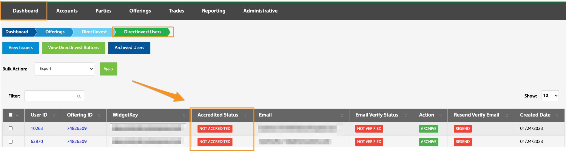 Accredited Status column highlighted on the DirectInvest Users table