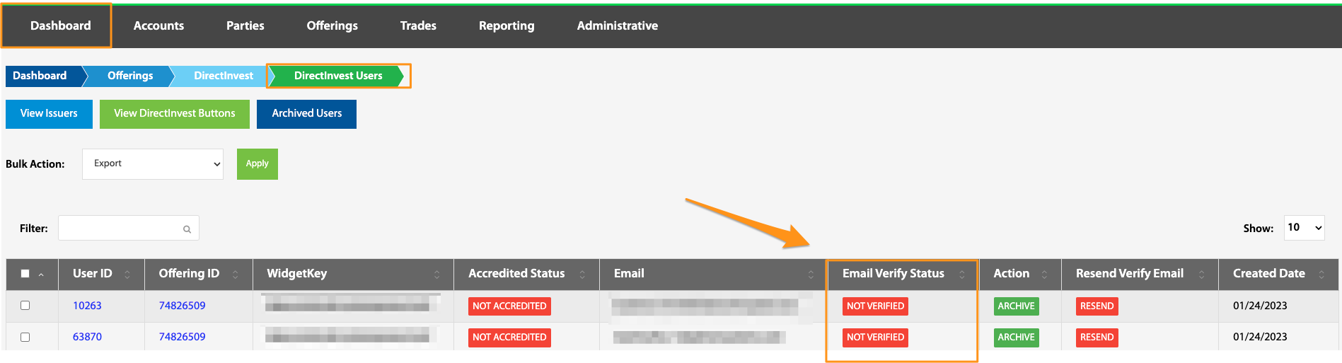 Email Verify Status column highlighted on the DirectInvest Users table