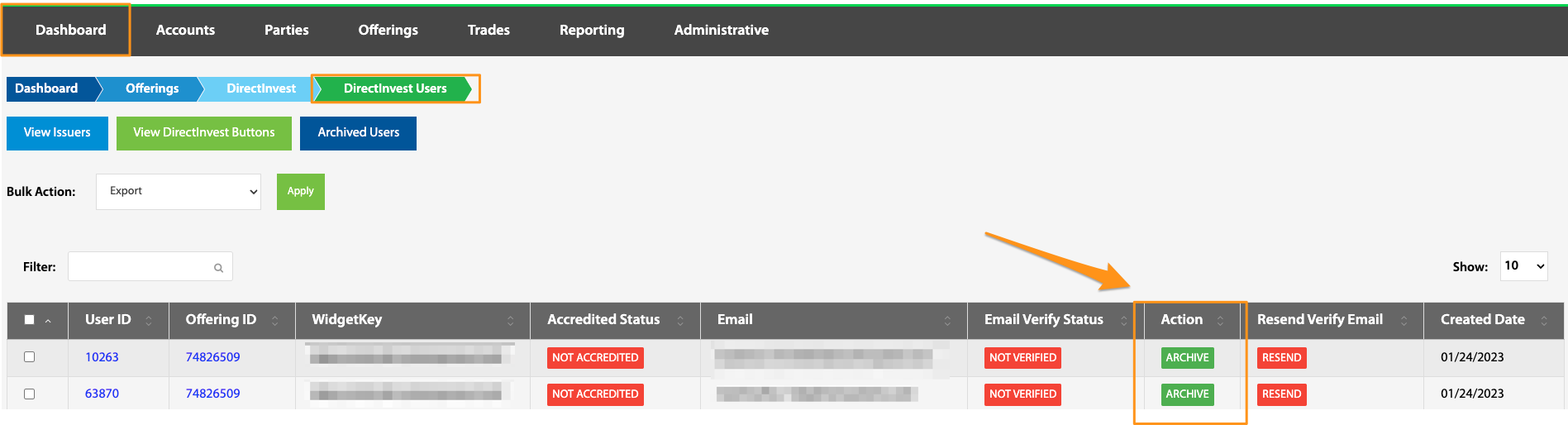 Action column with Archive buttons highlighted on the DirectInvest Users table