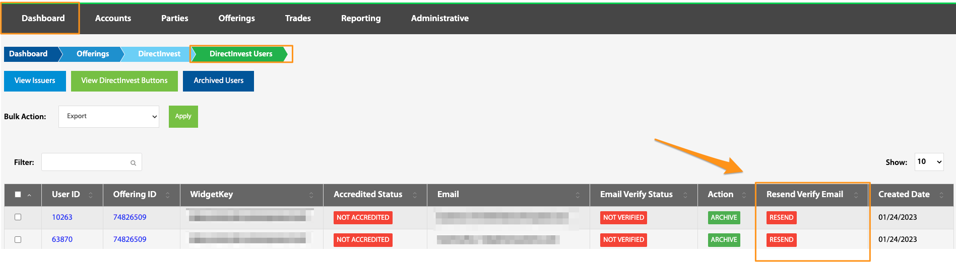 Resend Verify Email column highlighted on the DirectInvest Users table