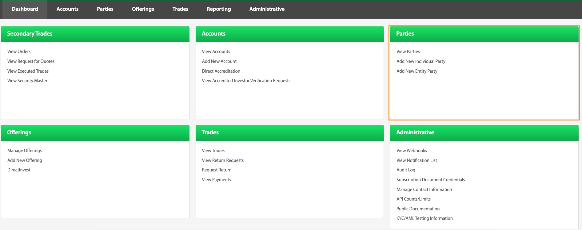 Transact Portal dashboard with the Parties card highlighted