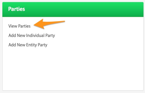 View Parties quick link highlighted on the Parties dashboard card