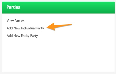 Add New Individual Party quick link highlighted on the Parties dashboard card