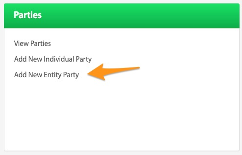 Add New Entity Party quick link highlighted on the Parties dashboard card