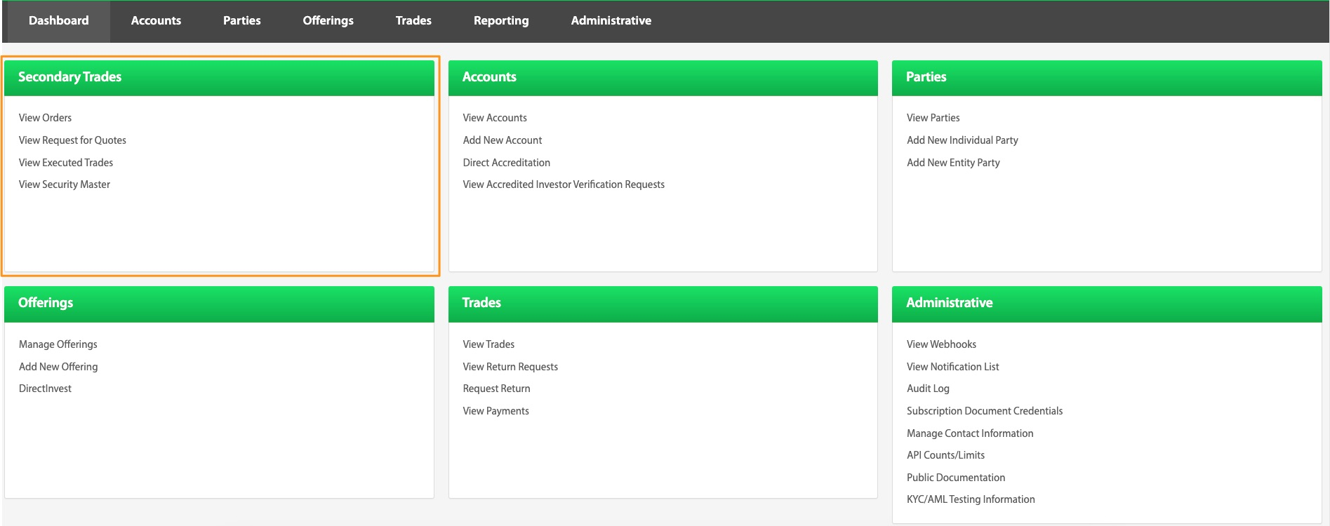 Secondary Trades card highlighted on the Transact Portal dashboard