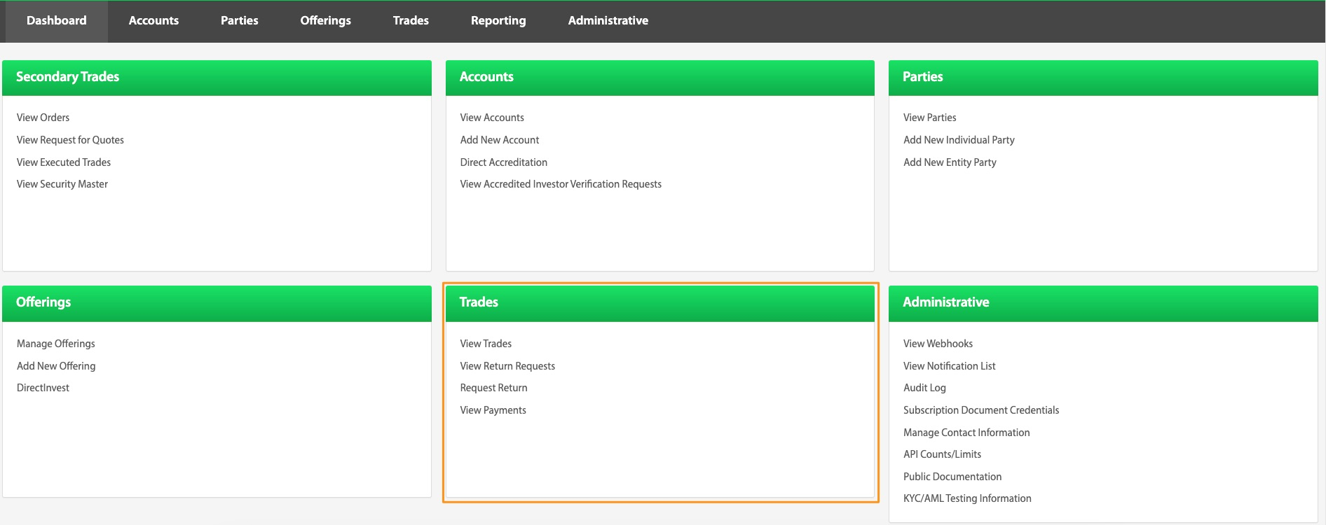 Transact Portal dashboard with six navigation panels, Trades panel highlighted