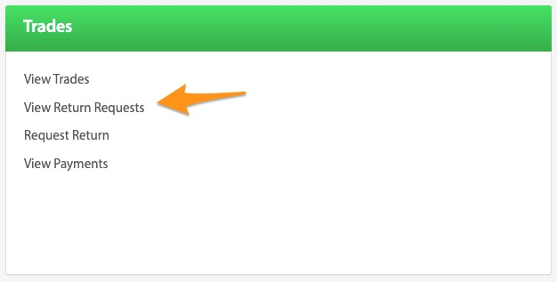 Trades panel list with an arrow pointing to View Return Requests