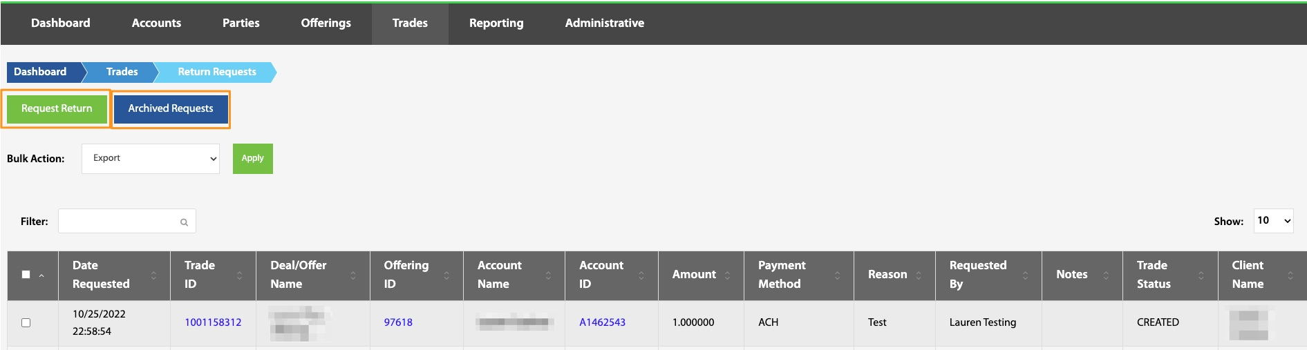 Return Requests table with Request Return and Archived Requests buttons highlighted