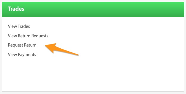 Trades panel list with an arrow pointing to Request Return