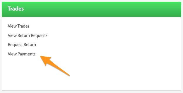 Trades panel list with an arrow pointing to View Payments