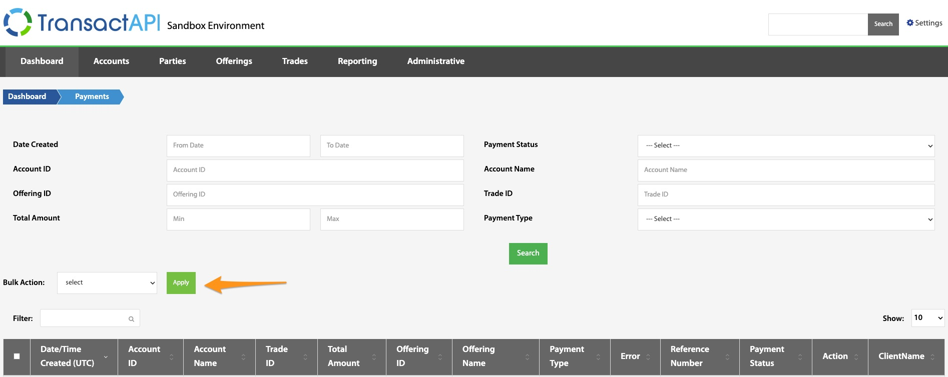 Payments search form with filters and an arrow pointing to the Bulk Action Apply button