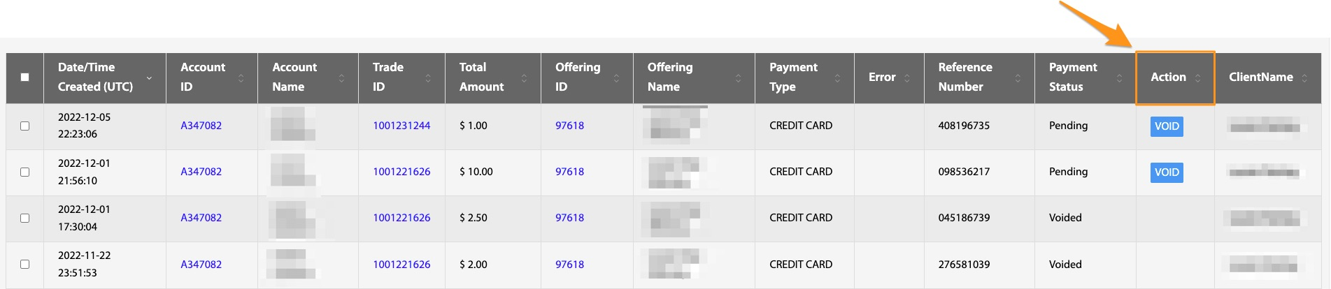 Payments table with individual VOID action buttons highlighted