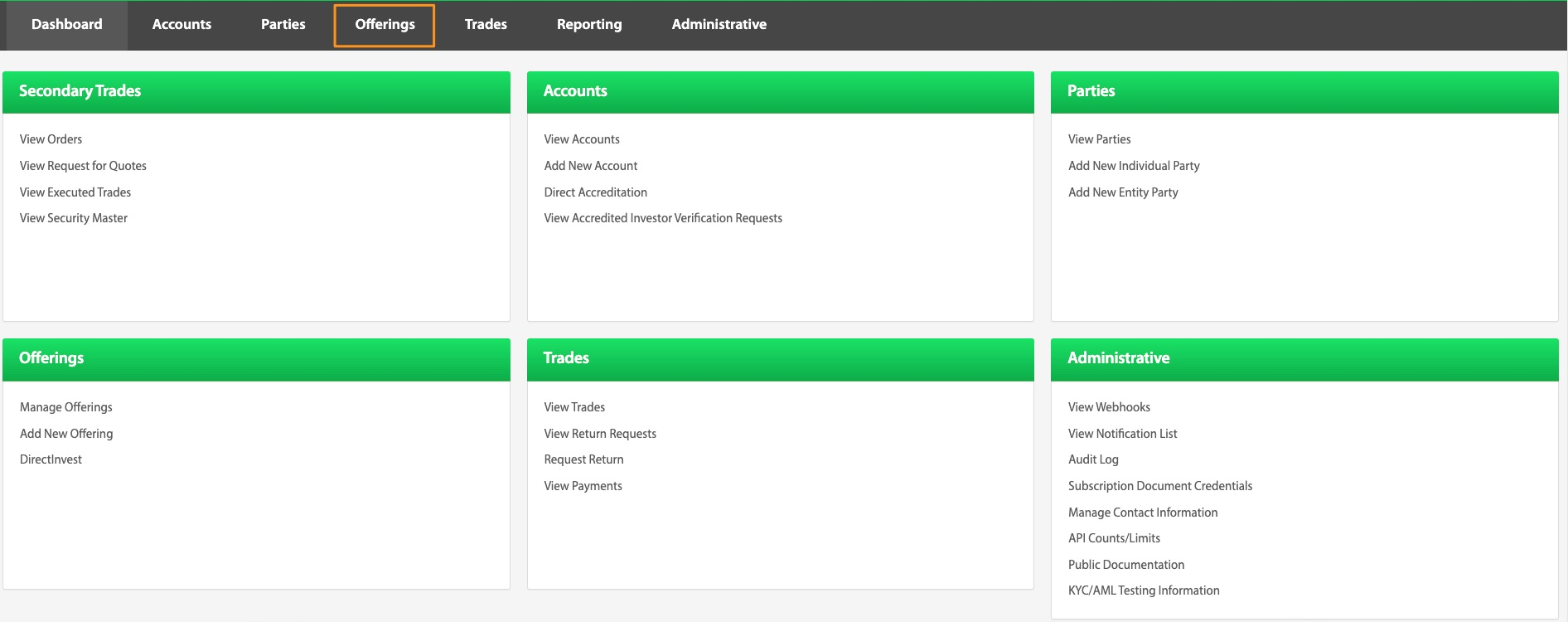Transact Portal dashboard with the Offerings tab highlighted