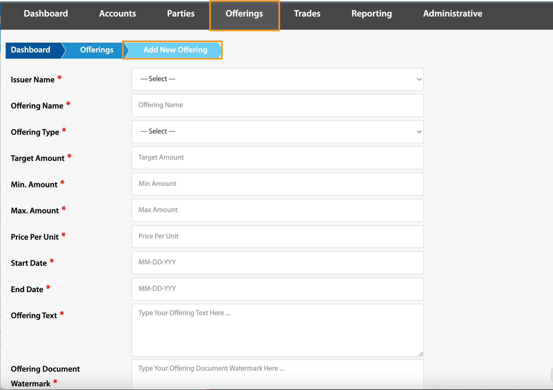 Add New Offering form with fields for issuer, amounts, price per unit, and dates