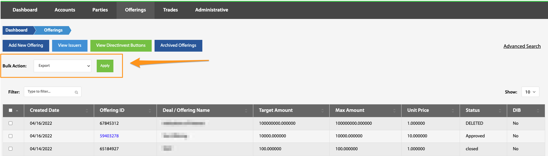 Bulk Action dropdown and Apply button highlighted on the Offerings table