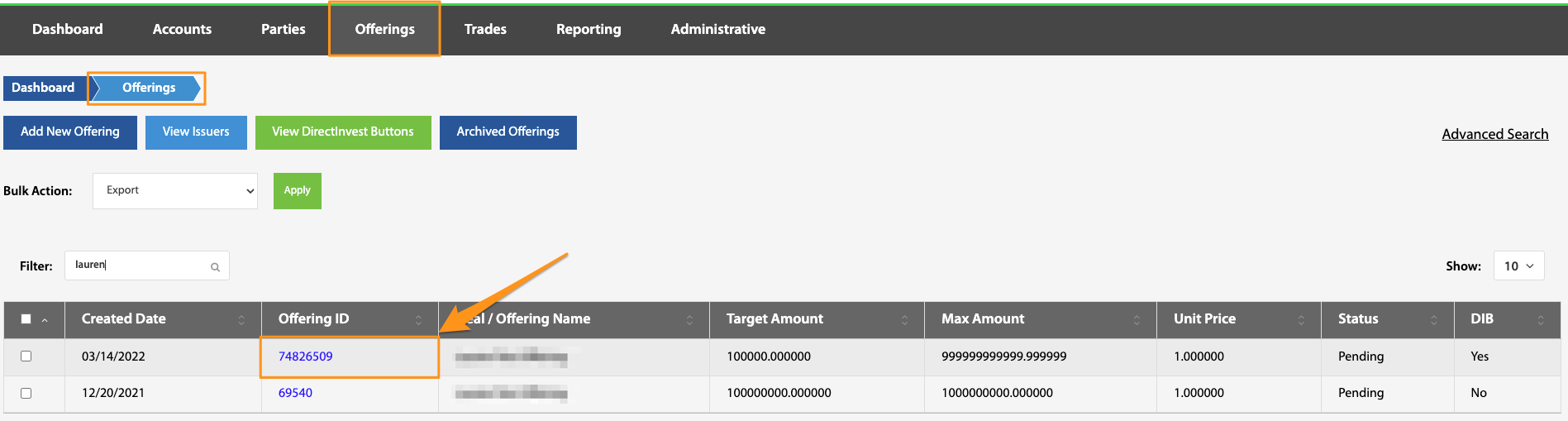 Offering ID hyperlink highlighted in the Offerings table