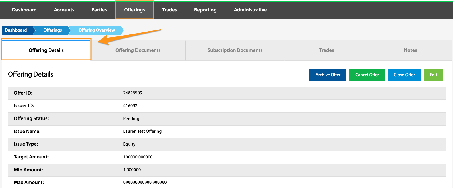 Offering Details tab on the Offering Overview page