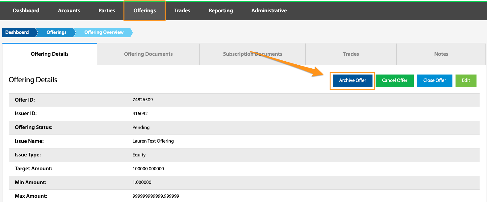Archive Offer button highlighted on the Offering Details tab