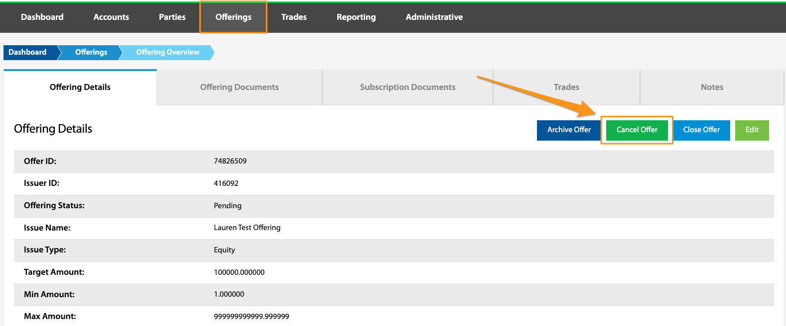 Cancel Offer button highlighted on the Offering Details tab