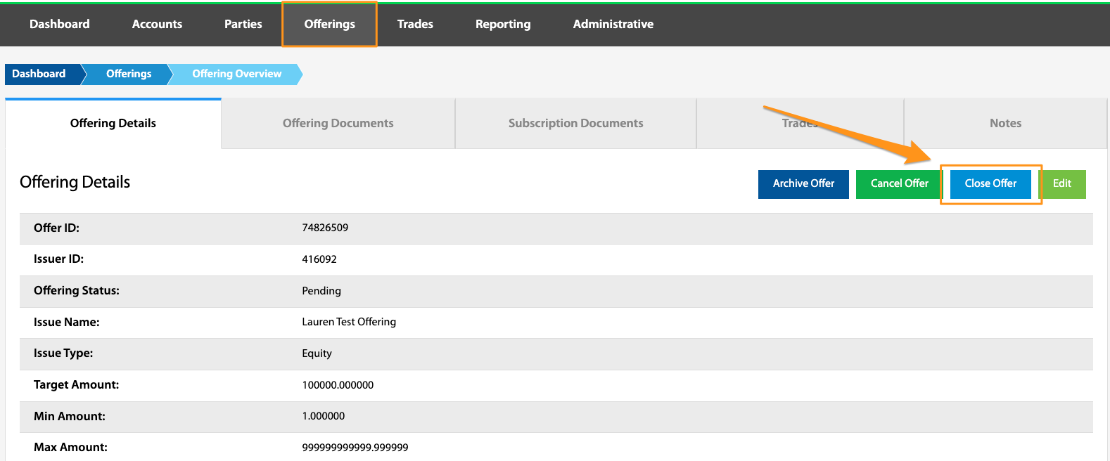 Close Offer button highlighted on the Offering Details tab