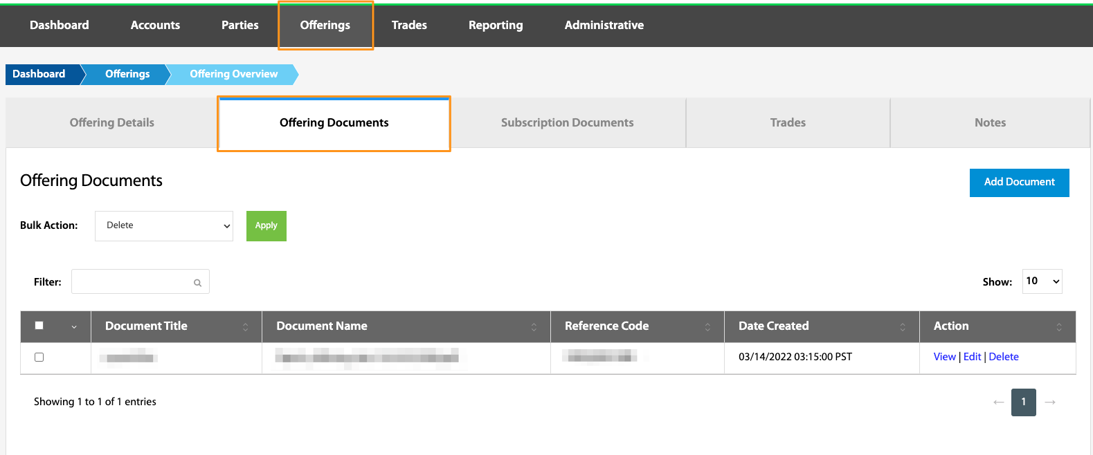 Offering Documents tab showing the Add Document button and documents table