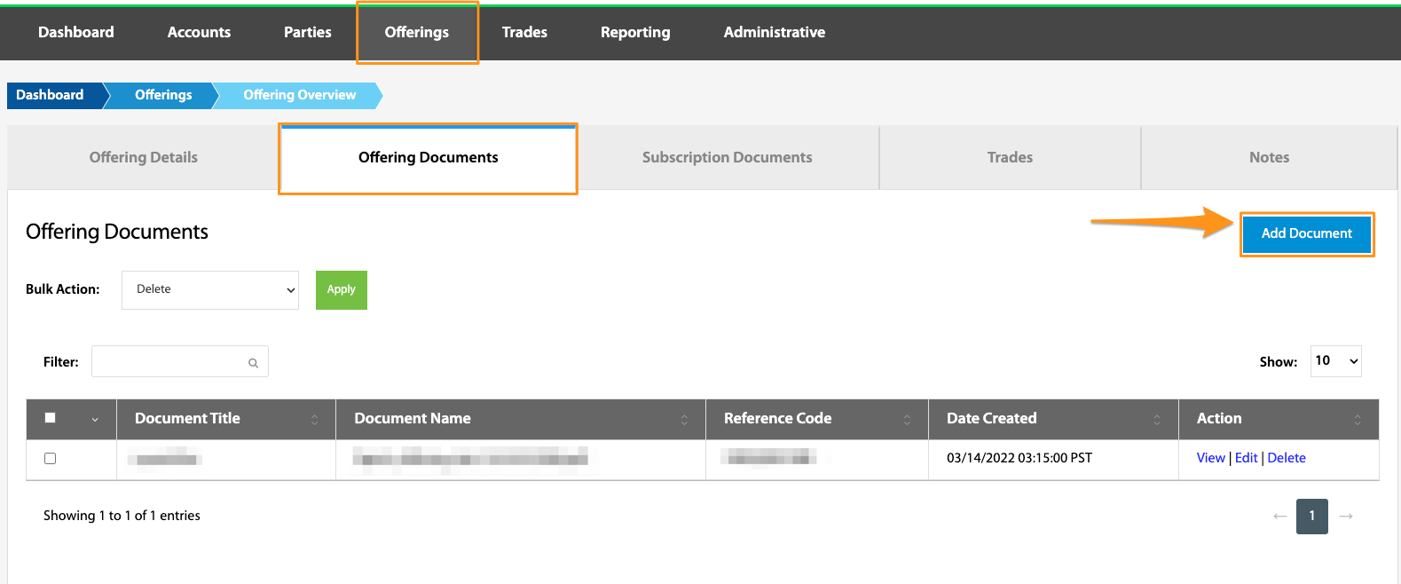 Add Document button highlighted on the Offering Documents tab