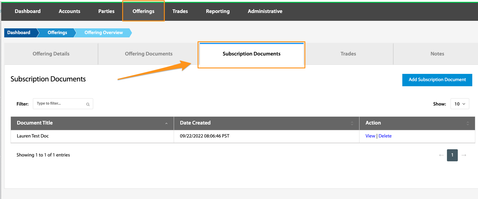 Subscription Documents tab showing the document list