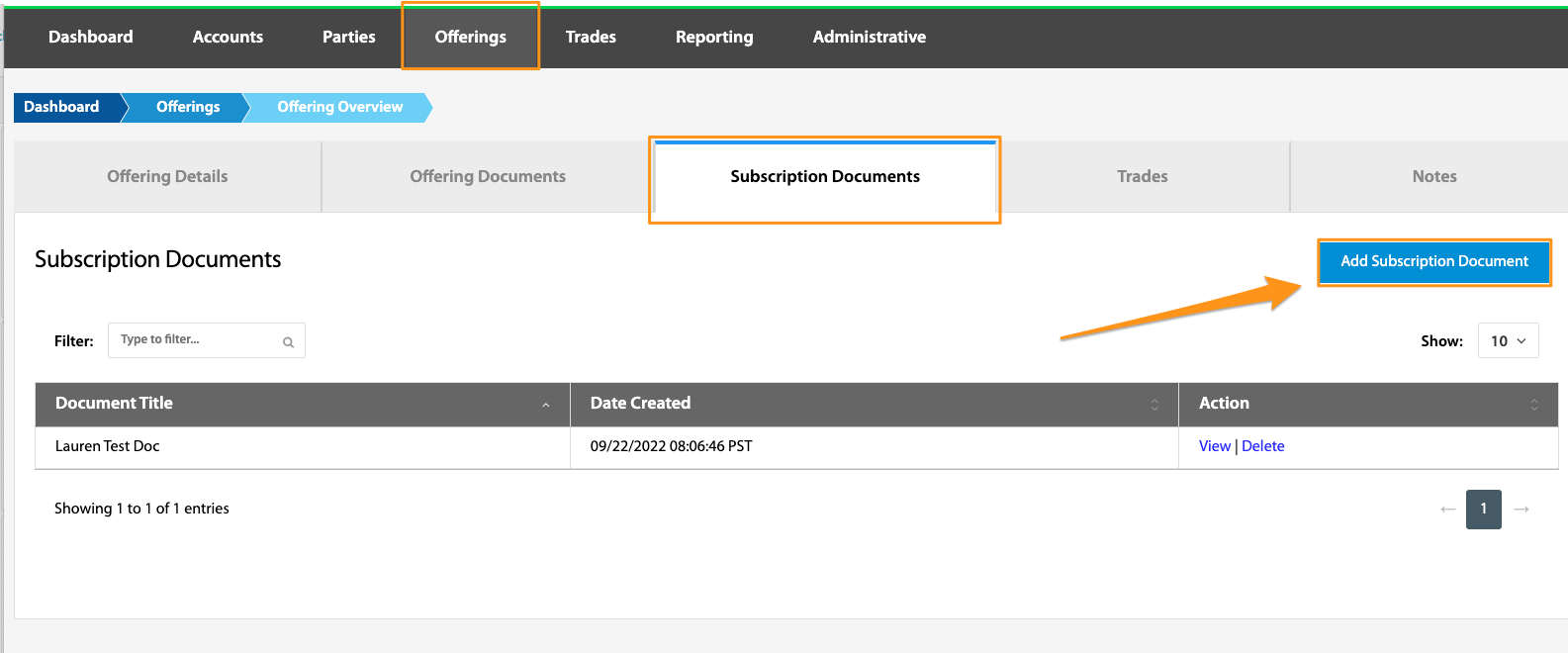 Add Subscription Document button highlighted on the Subscription Documents tab