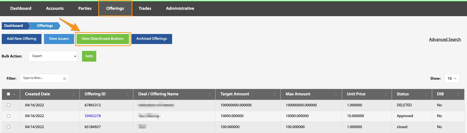 Offerings menu highlighted showing the View DirectInvest Buttons button