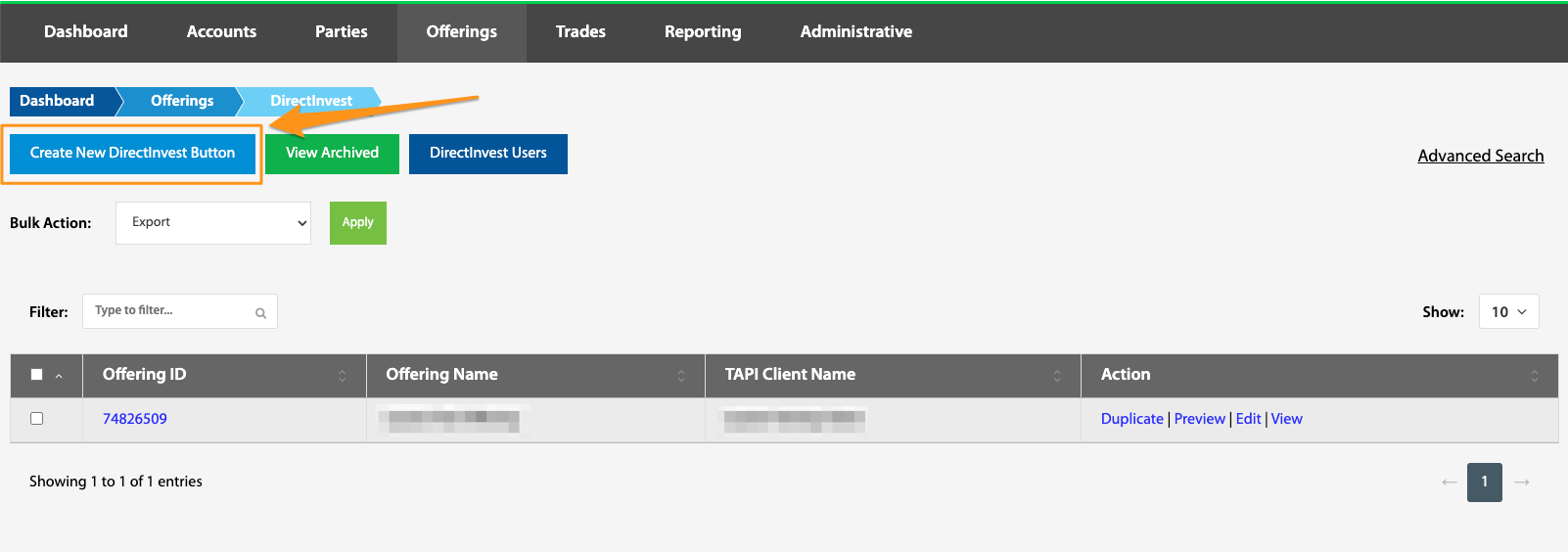Create New DirectInvest Button page with Offering ID field and Sync Offering button