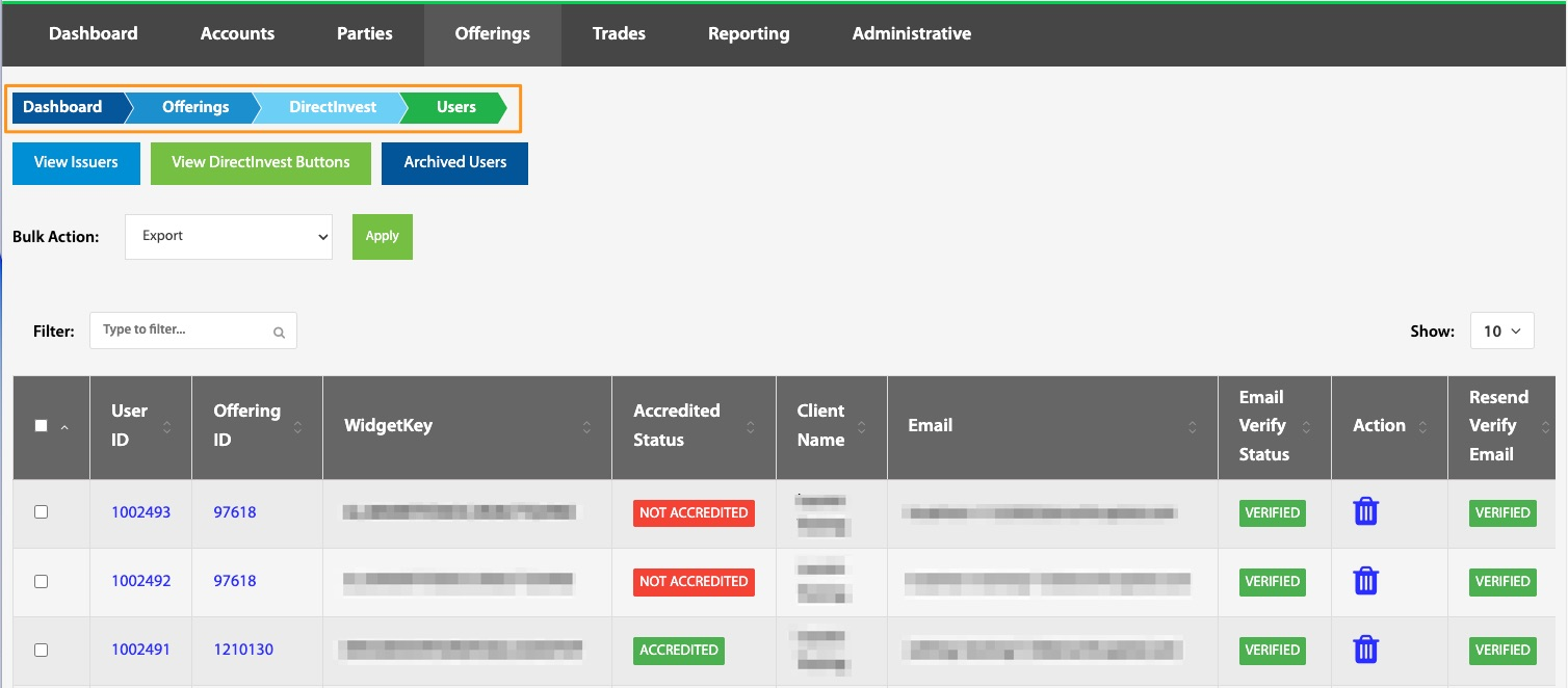 DirectInvest Users table with the Filter search field