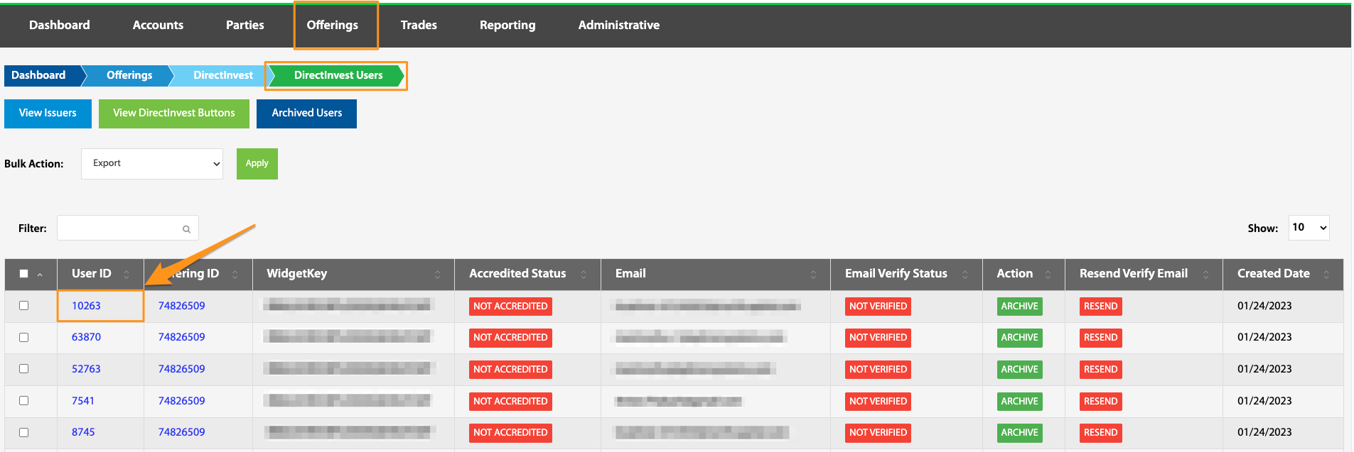 User ID hyperlink highlighted in the DirectInvest Users table