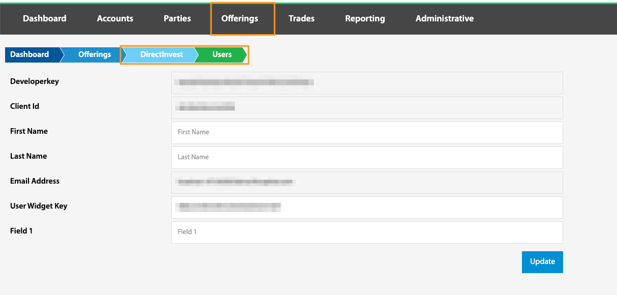 DIB user detail form showing Developerkey, Client Id, and User Widget Key fields