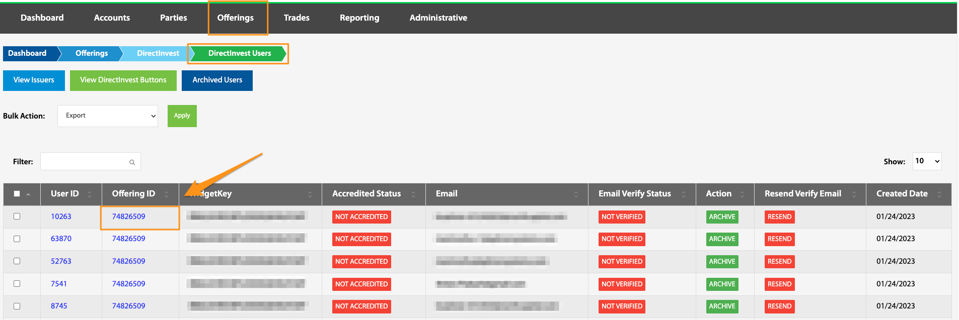 Offering ID hyperlink highlighted in the DirectInvest Users table