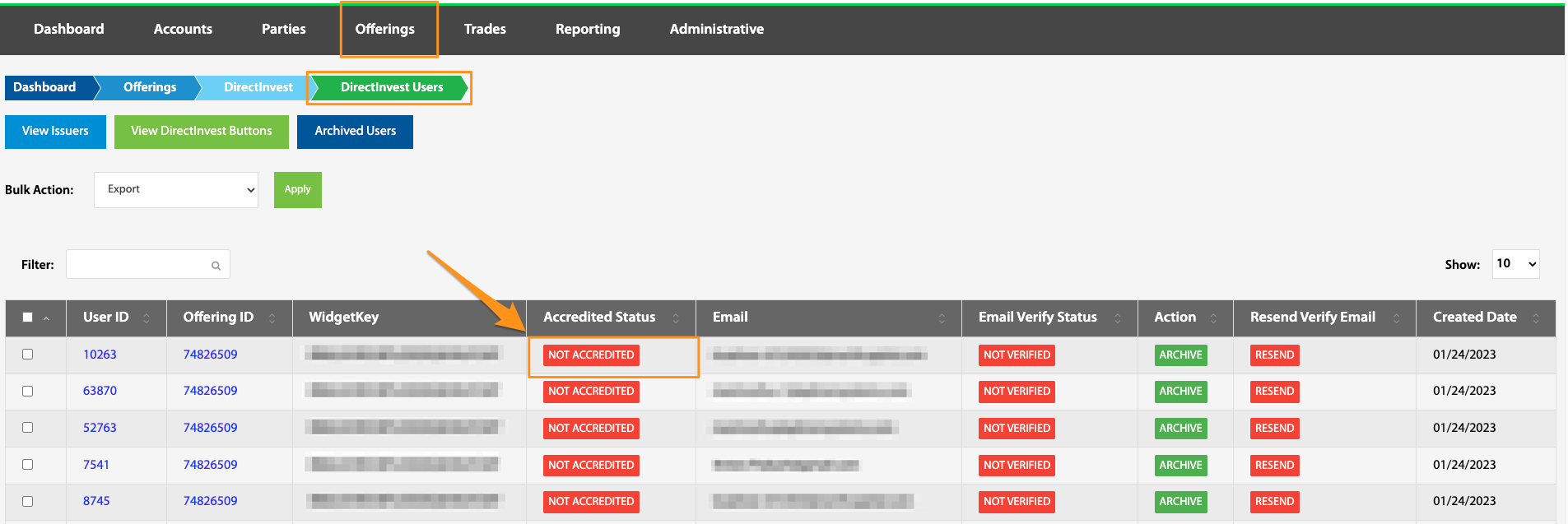 Accredited Status column highlighted in the DirectInvest Users table