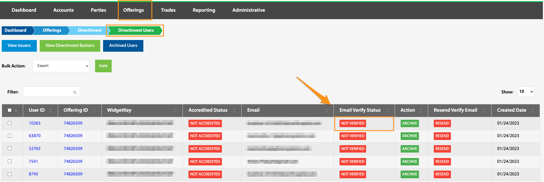 Email Verify Status column highlighted in the DirectInvest Users table